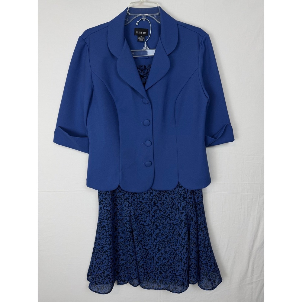 Vintage Leslie Fay Suit Set Women's 12 Blue Blazer Floral Midi Skirt 2‎ Piece